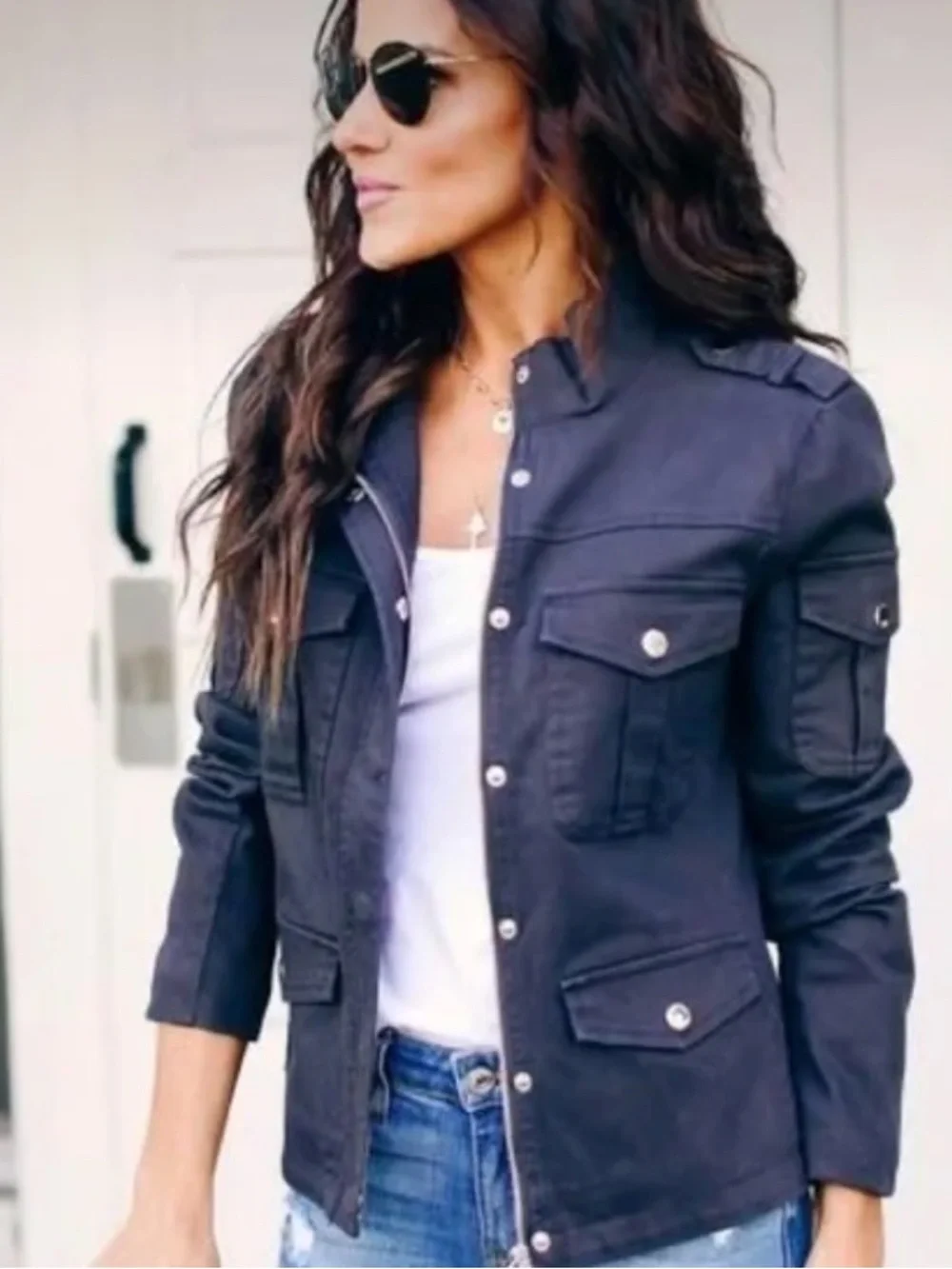 Tory Burch Dark Navy Utility Jacket with Silver Logo Buttons